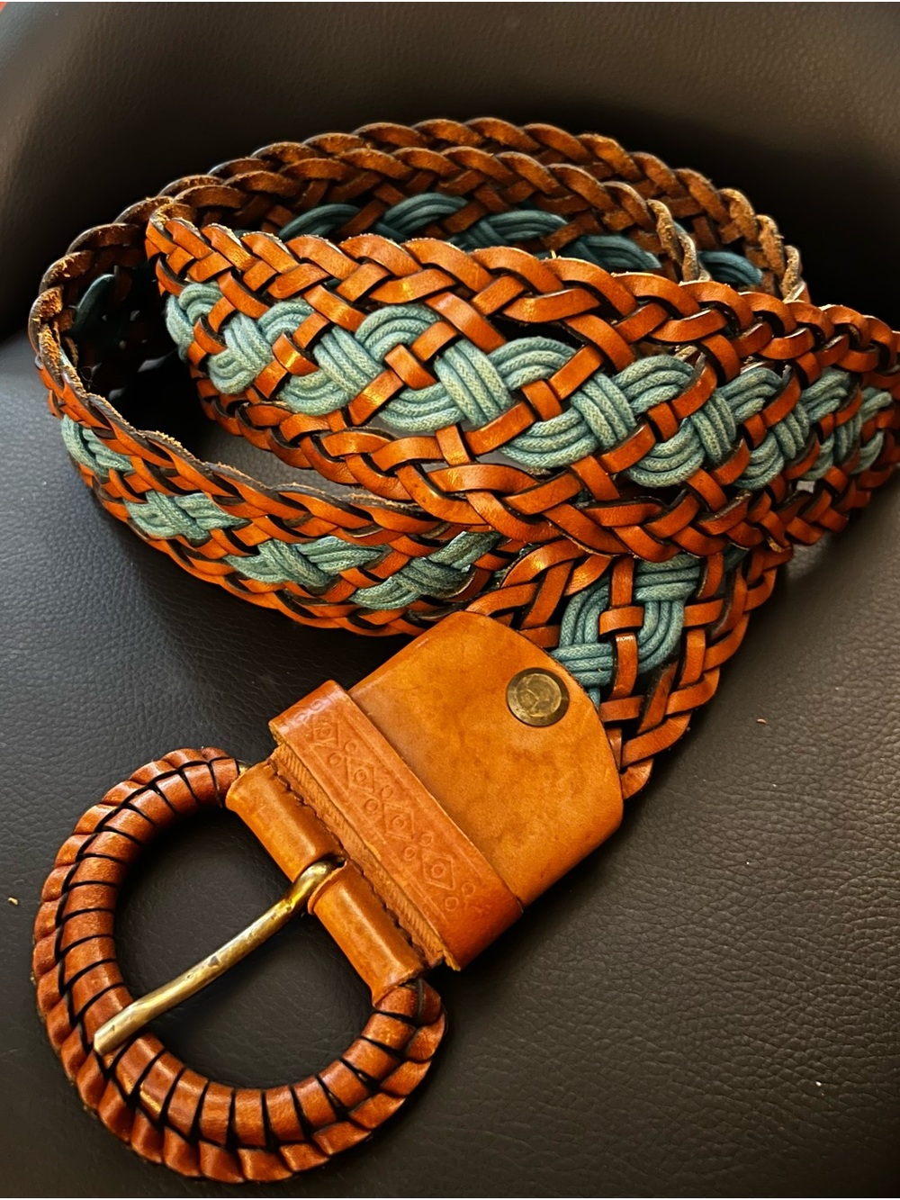 Source Unknown Braided Leather and Teal Belt